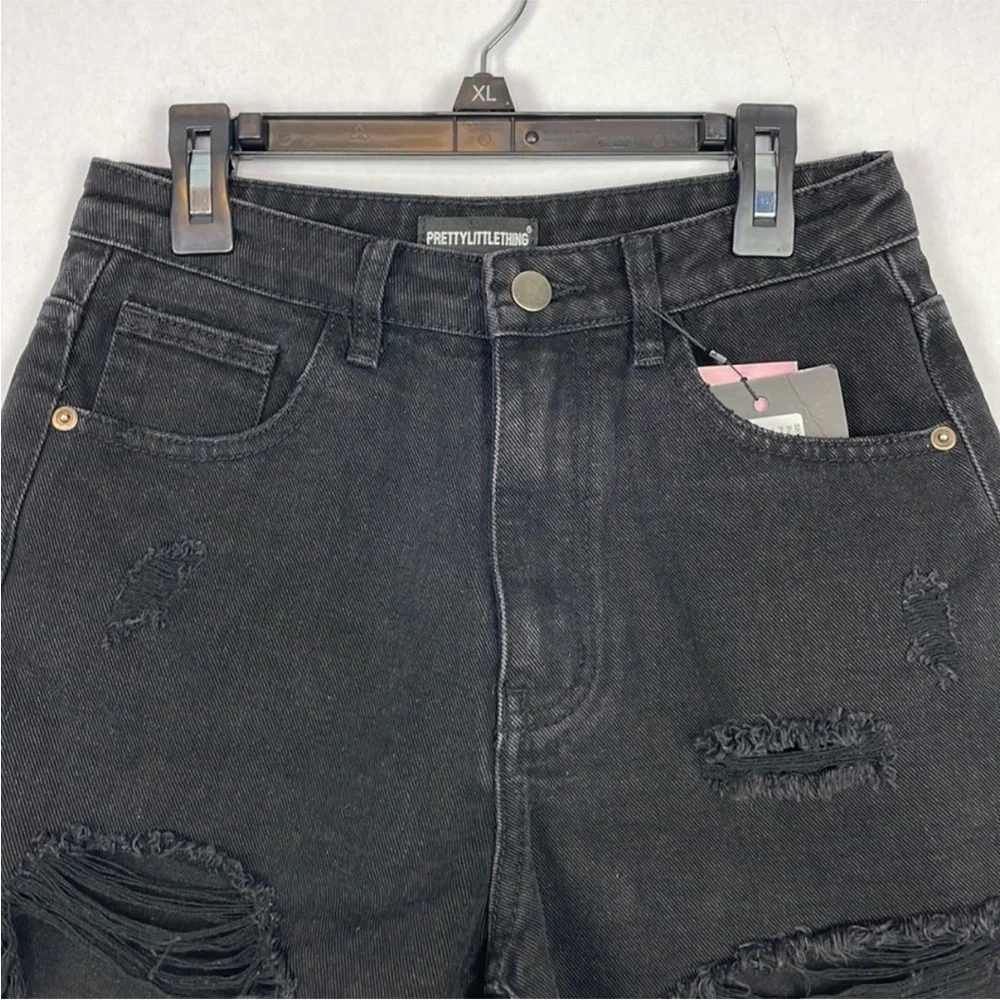 PRETTYLITTLETHING Washed Black Denim Distressed Hi Rise Shorts. US Size 4. New.